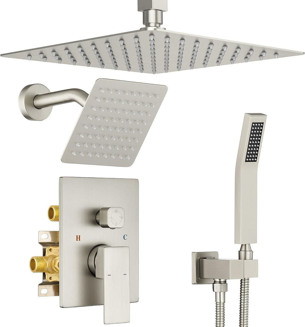 Dasan Dual Rain Shower System with Valve & handheld,Luxury Shower Faucet Set With Ceiling Mounted 12' & 6' Shower Head,Brushed Nickel Tandem Shower Head System for Couples