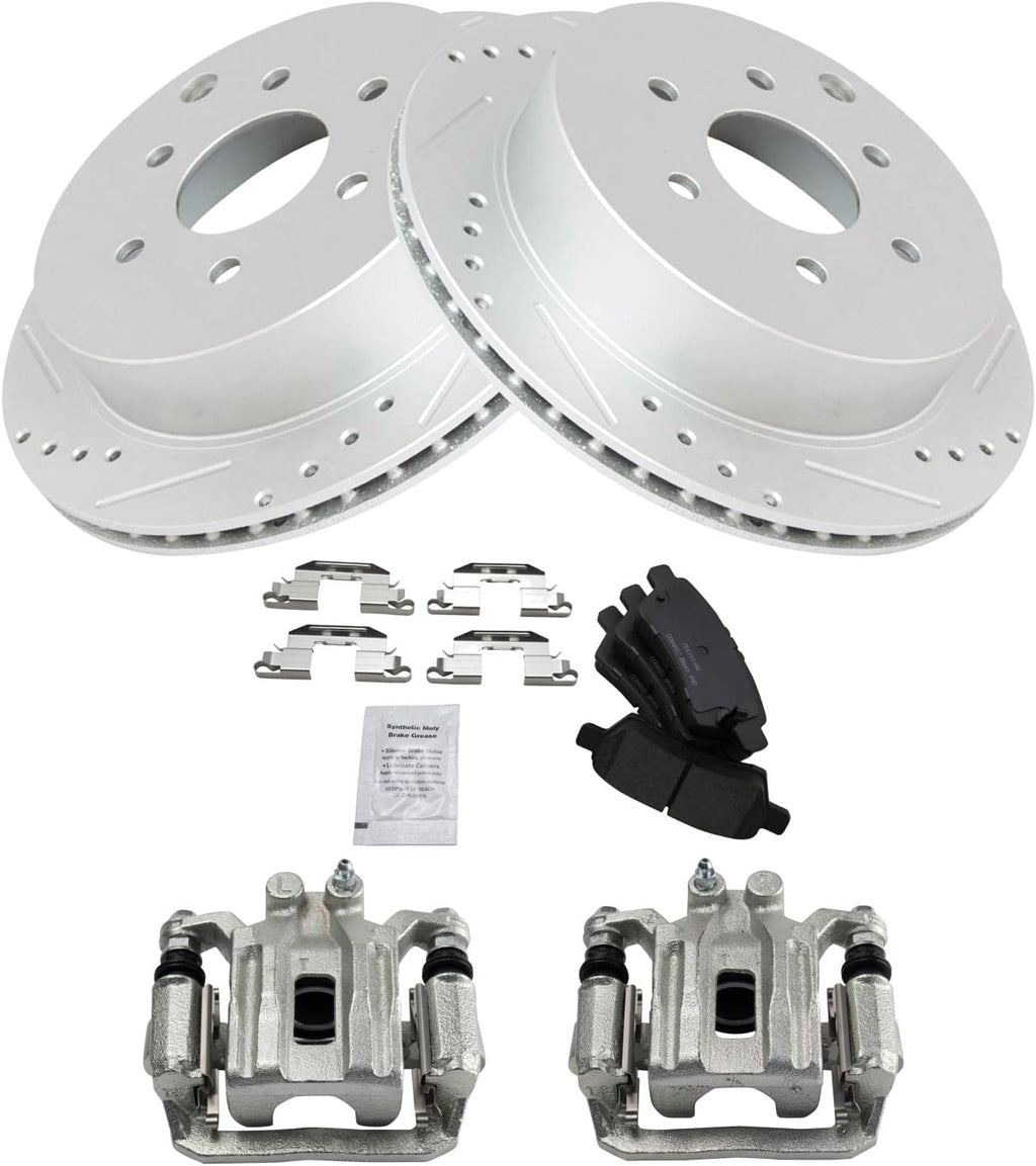 TRQ Performance Rear Brake Pad and Rotor Set Ceramic Vented Coated Rotors Calipers Compatible with 2006-2007 Nissan Xterra