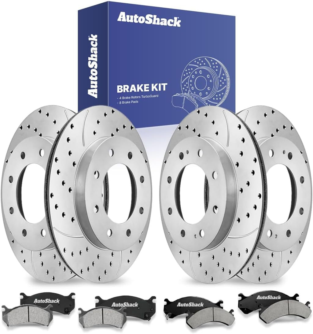 AutoShack Front & Rear Brake Rotors & Ceramic Pads for Chevrolet, Silverado 2500 HD 2001-2010, 4WD RWD V8 6.0L 6.6L 8.1L - Coated Drilled & Slotted - Silver Matte Finish - TurboGuard