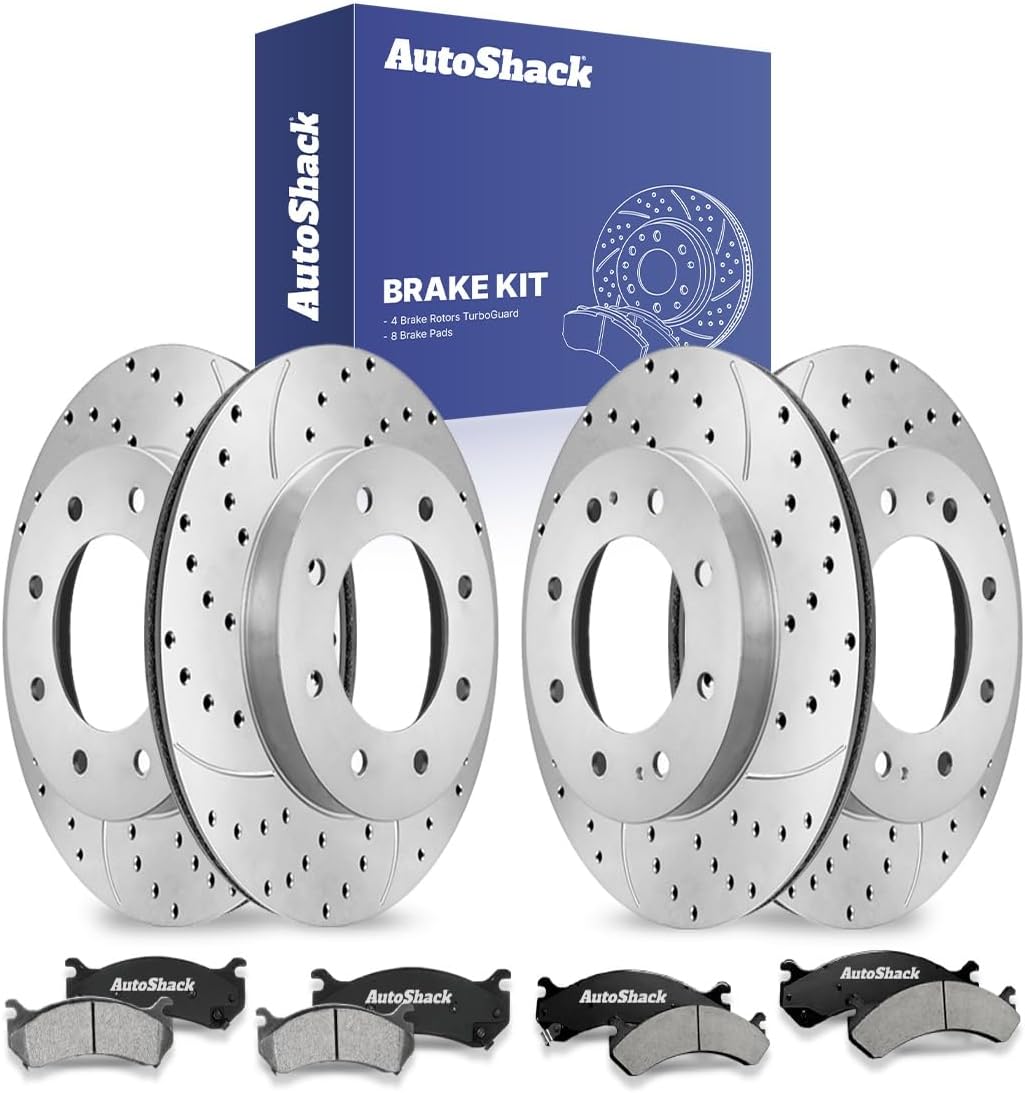 AutoShack Front & Rear Brake Rotors & Ceramic Pads for Chevrolet, Silverado 2500 HD 2001-2010, 4WD RWD V8 6.0L 6.6L 8.1L - Coated Drilled & Slotted - Silver Matte Finish - TurboGuard