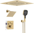 Thermostatic Shower System with Ceiling Mount 16 Inch LED Shower Head Brushed Gold, Push Button Diverter Shower Faucet with 3 in 1 Handheld, 6 Inch Shower Head【All Functions Simultaneous Use】