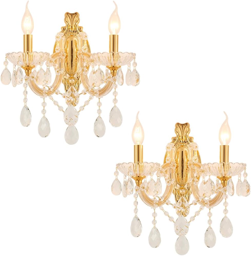 YLONG-ZS Gold Crystal Sconces Set of 2, Crystal Wall Chandelier Sconces Modern, Wall Mount Lamps Bedside, Wall Lamp Gold Wall Light for Bedroom, Living Room,Bathroom,Restrant,Hallway