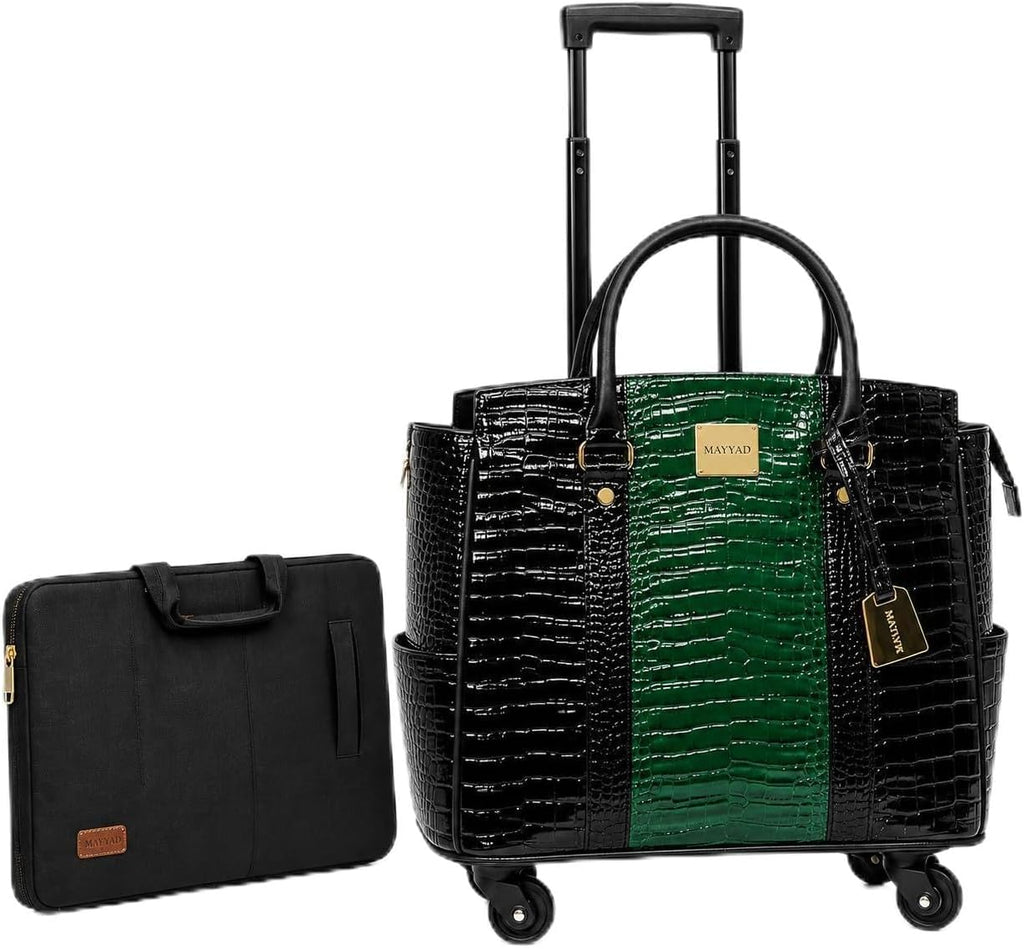 Rolling Laptop Bag for Women with Wheels & Handle Luxury Pure Leather Embossed Work Bag with Laptop Sleeve Travel Briefcase