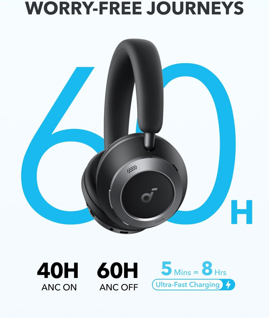Soundcore Space One Pro by Anker, Adaptive Active Noise Cancelling Headphones Driven by 6 Mics, Super Foldable Design, 60H Lossless Audio, Ultra-Fast Charging, Hi-Res Wireless Audio(Renewed)