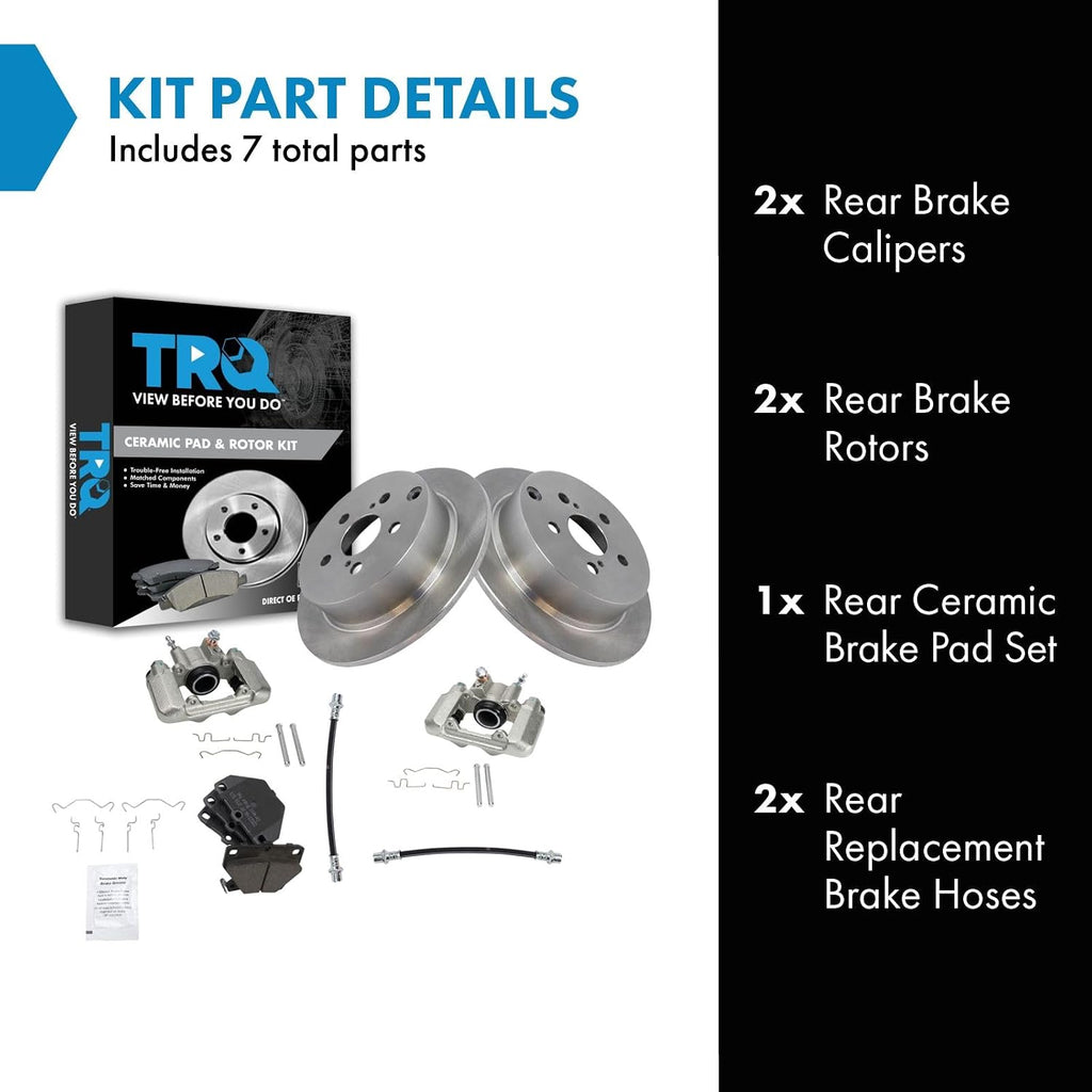 TRQ Rear Brake Pad and Rotor Set Ceramic Rotors Calipers Hoses Compatible with 2003-2006 Pontiac Vibe