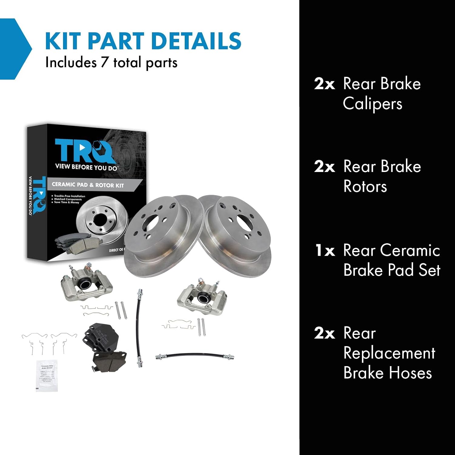 TRQ Rear Brake Pad and Rotor Set Ceramic Rotors Calipers Hoses Compatible with 2003-2006 Pontiac Vibe