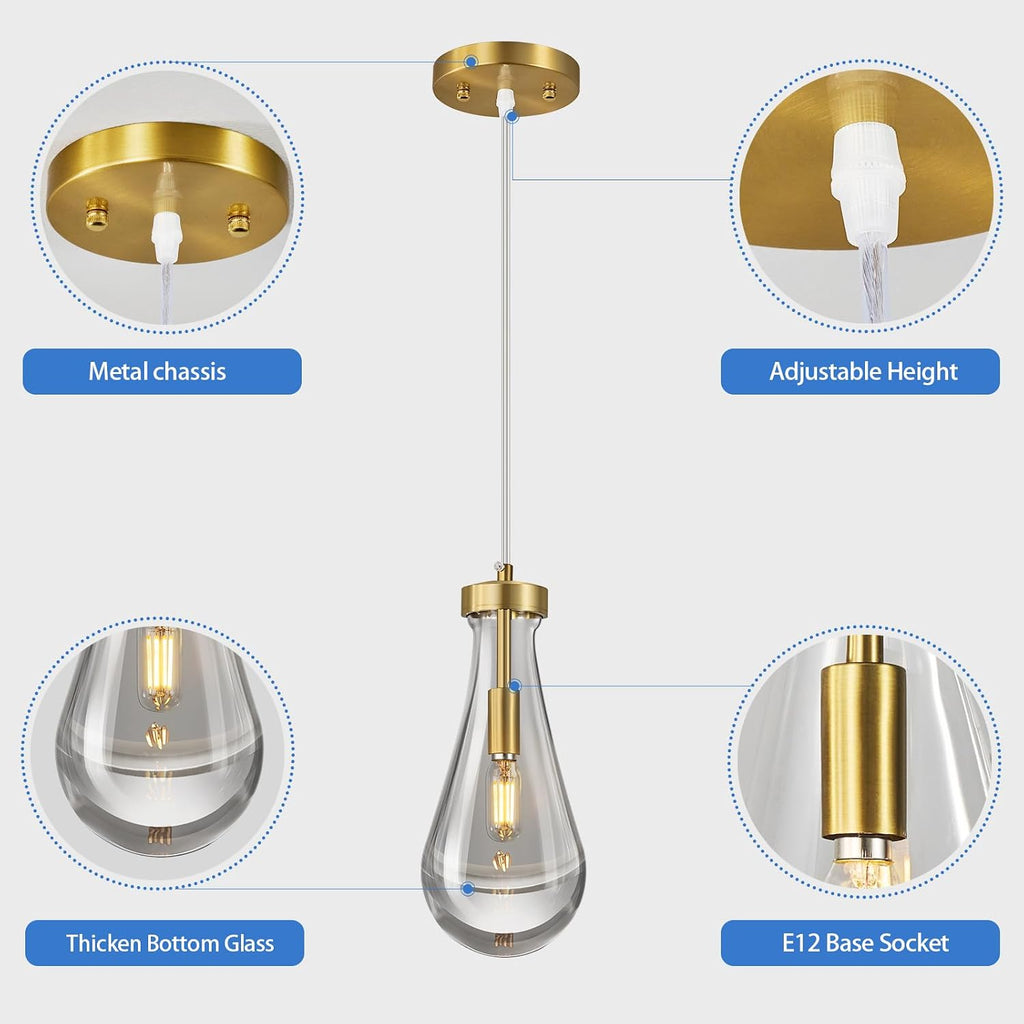 Raindrop Pendant Lights Kitchen Island Set of 3 Teardrop Gold Hanging Light Fixtures Clear Solid Glass Pendant Light Modern Chandeliers for Dining Room Porch Corridor Living Room…