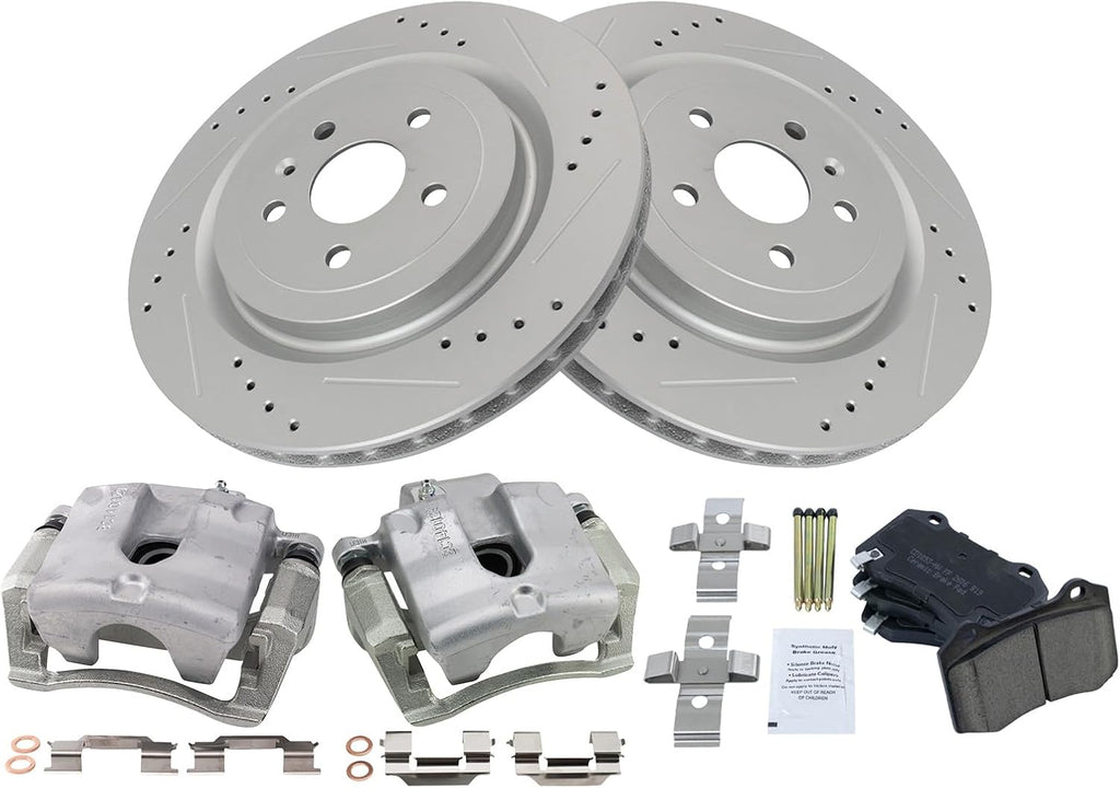 TRQ Performance Rear Brake Pad and Rotor Set Ceramic Vented Coated Slotted Drilled Rotors Calipers Compatible with 2012-2015 Chevrolet Camaro