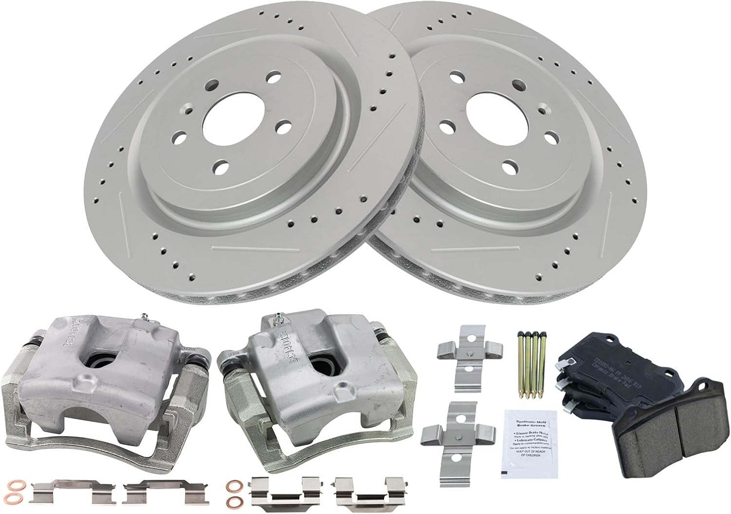 TRQ Performance Rear Brake Pad and Rotor Set Ceramic Vented Coated Slotted Drilled Rotors Calipers Compatible with 2012-2015 Chevrolet Camaro