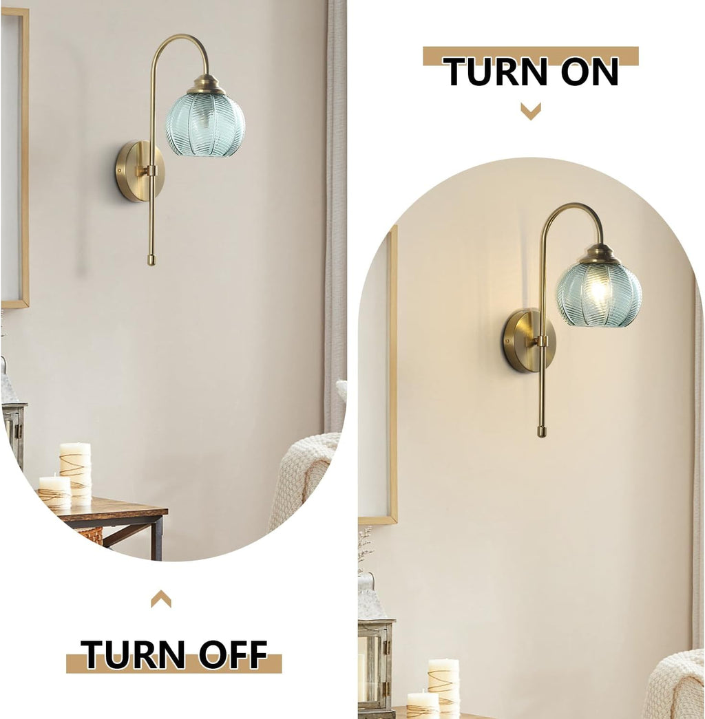 KCO Lighting Brushed Gold Wall Sconce Light Set of 2 Vintage Green Glass Wall Sconce Modern Globe Bathroom Vanity Light Fixture for Stair Corner Hallway