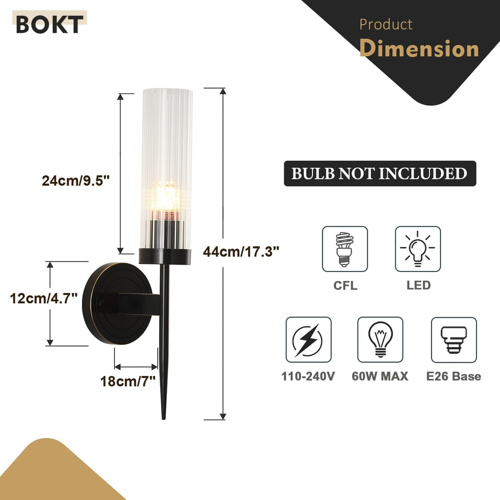 BOKT Mid Century Modern Black Slim Wall Sconce Lighting Set of Two 1-Light Clear Cylinder Glass Sconces Wall Lighting Set of 2 Minimalist Single Bathroom Vanity Light Fixture