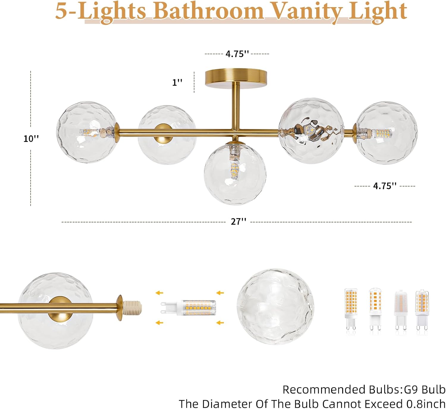 Gold Bathroom Vanity Light Fixtures: Modern Bath 5 Lights Brushed Golden Brass Wall Sconce - Vanity Light with Hammered Clear Globe Bubble Glass Shade - Midcentury Bathroom Lights Over Mirror G9 Base