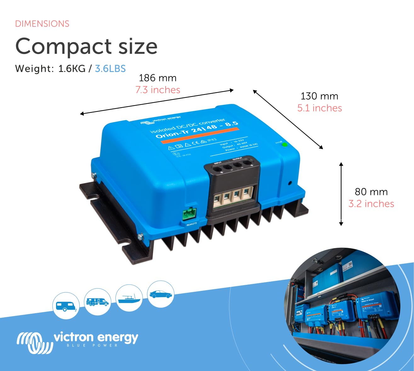 Victron Energy Orion-Tr DC to DC Converter - 24/48-Volt 8.5 amp 400-Watt - IP43 Protected - for Dual Battery Systems - Isolated