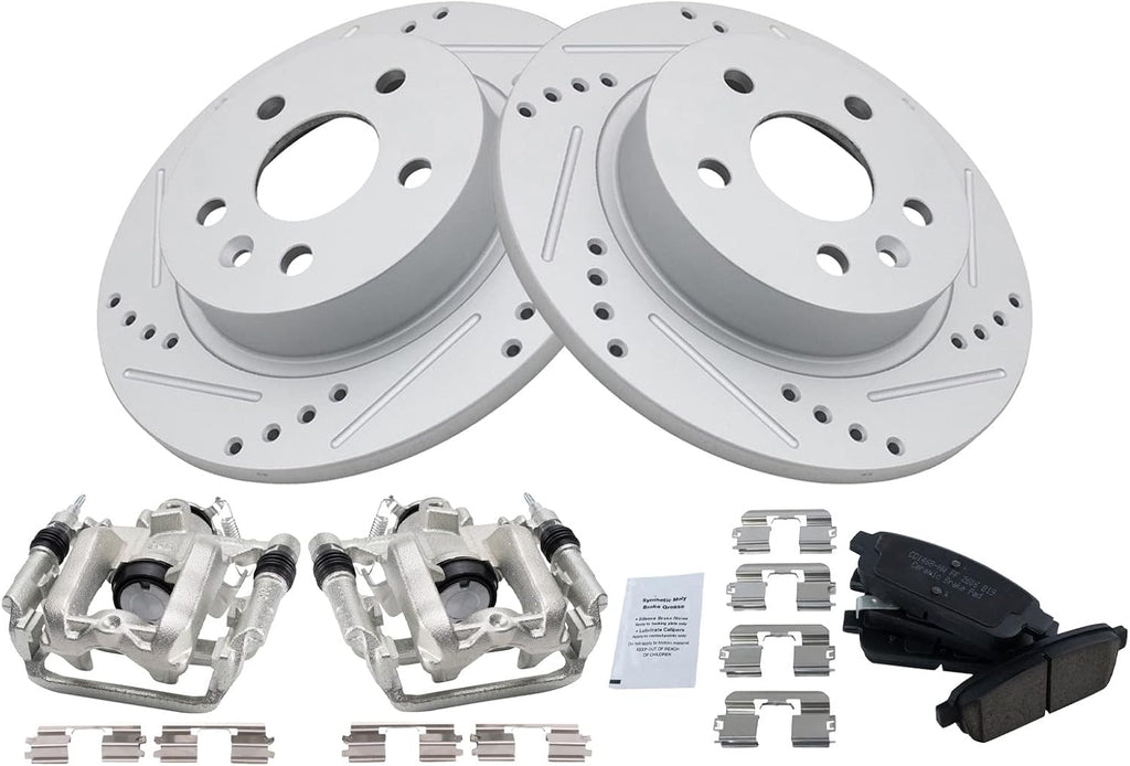 TRQ Performance Rear Brake Pad and Rotor Set Ceramic Solid G Coated Rotors Calipers Compatible with 2011-2015 Chevrolet Cruze 2016 Cruze Limited