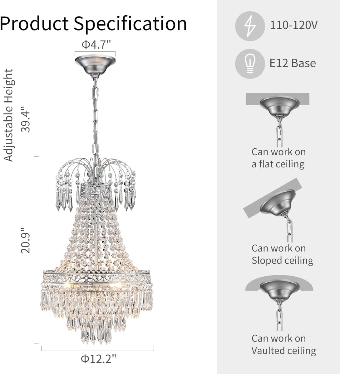 WUZUPS Crystal Chandelier French Empire Pendant Flushmount Ceiling Light Modern Lighting Fixture for Bedroom Hallway Bar Kitchen Bathroom, H 20.9' x W 12.2', Silver, E12 Base