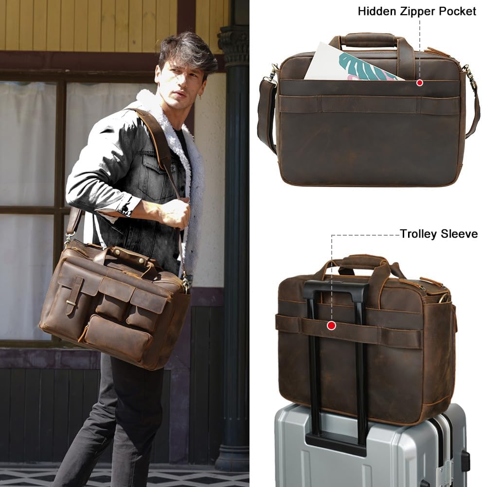 TIDING Full Grain Leather Briefcase For Men 17 Inch Laptop Case Business Travel Office Messenger Shoulder Bag