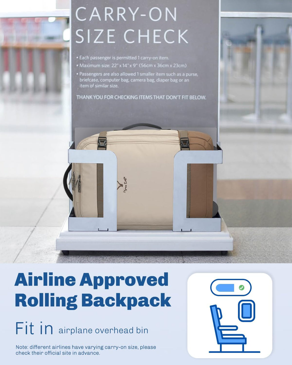 Hynes Eagle Rolling Backpack 42L Backpack with Wheels Airline Approved Carry on Luggage Laptop Travel Suitcase Bag for Women Men Khaki