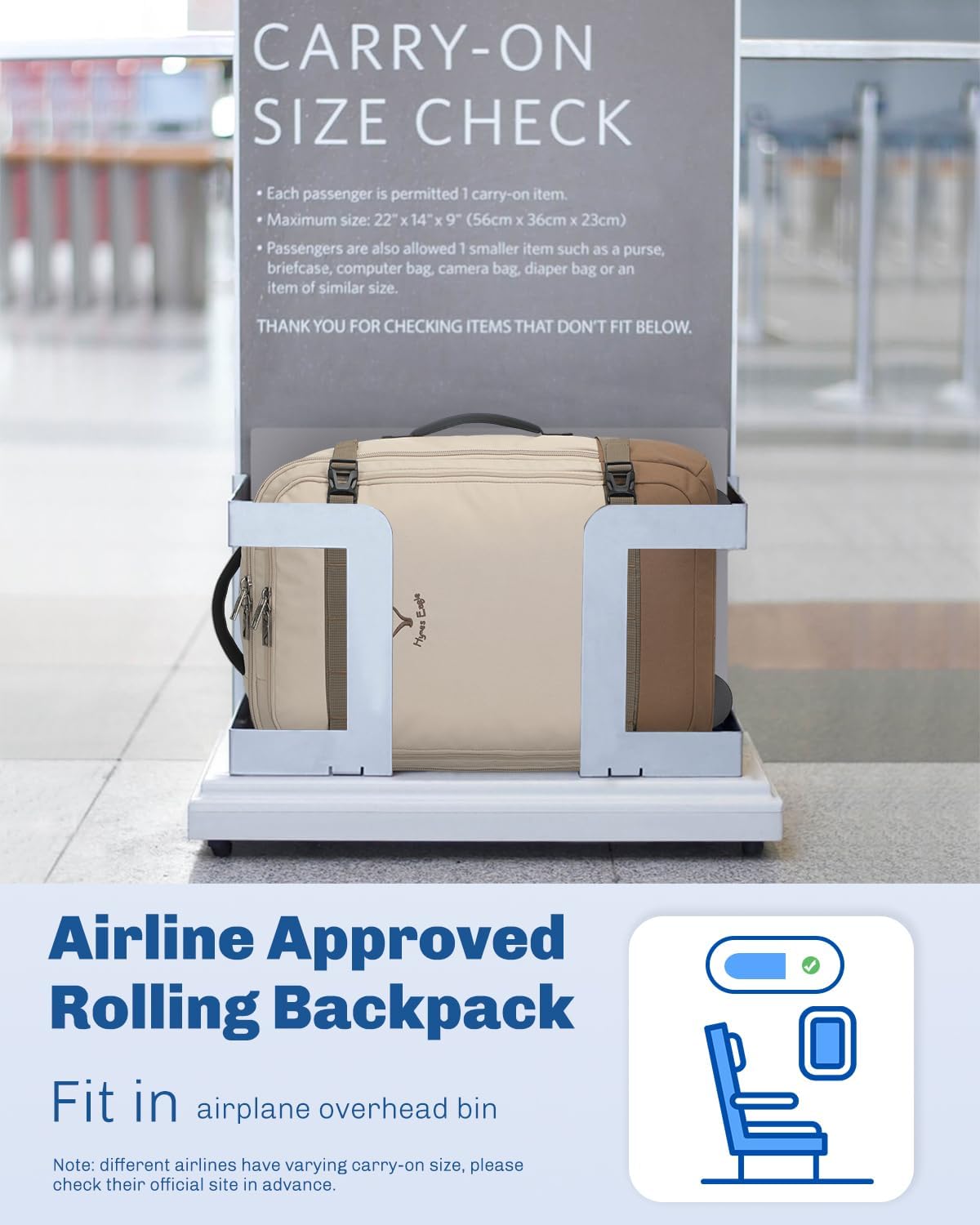 Hynes Eagle Rolling Backpack 42L Backpack with Wheels Airline Approved Carry on Luggage Laptop Travel Suitcase Bag for Women Men Khaki