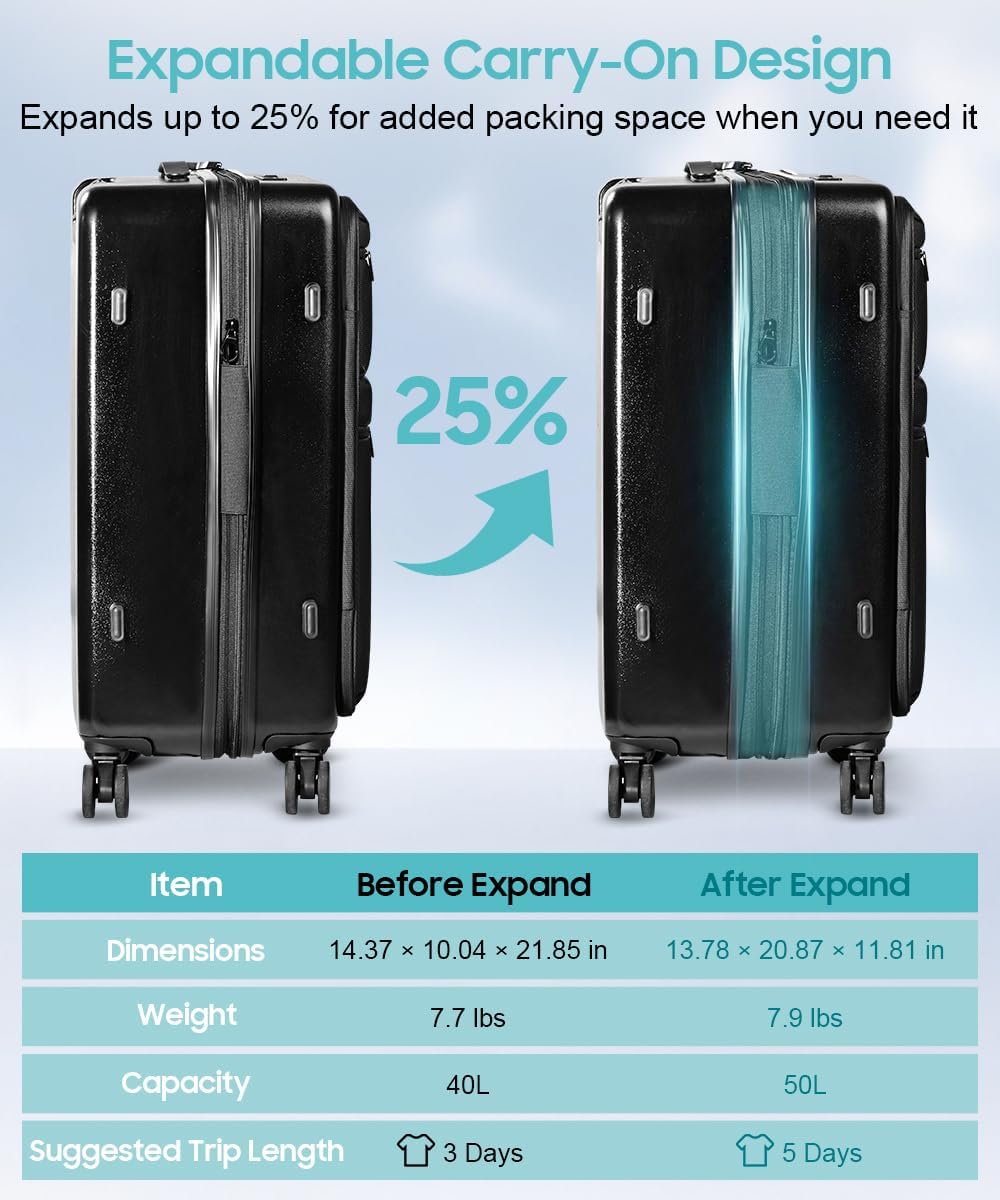 3 Piece Luggage Set with Front Pocket & USB Ports, Expandable Hardshell Suitcase Set 20' 24' 28', Spinner Wheels Travel Luggage with Laptop Compartment & TSA Lock, Hybrid Carry On & Checked Bags