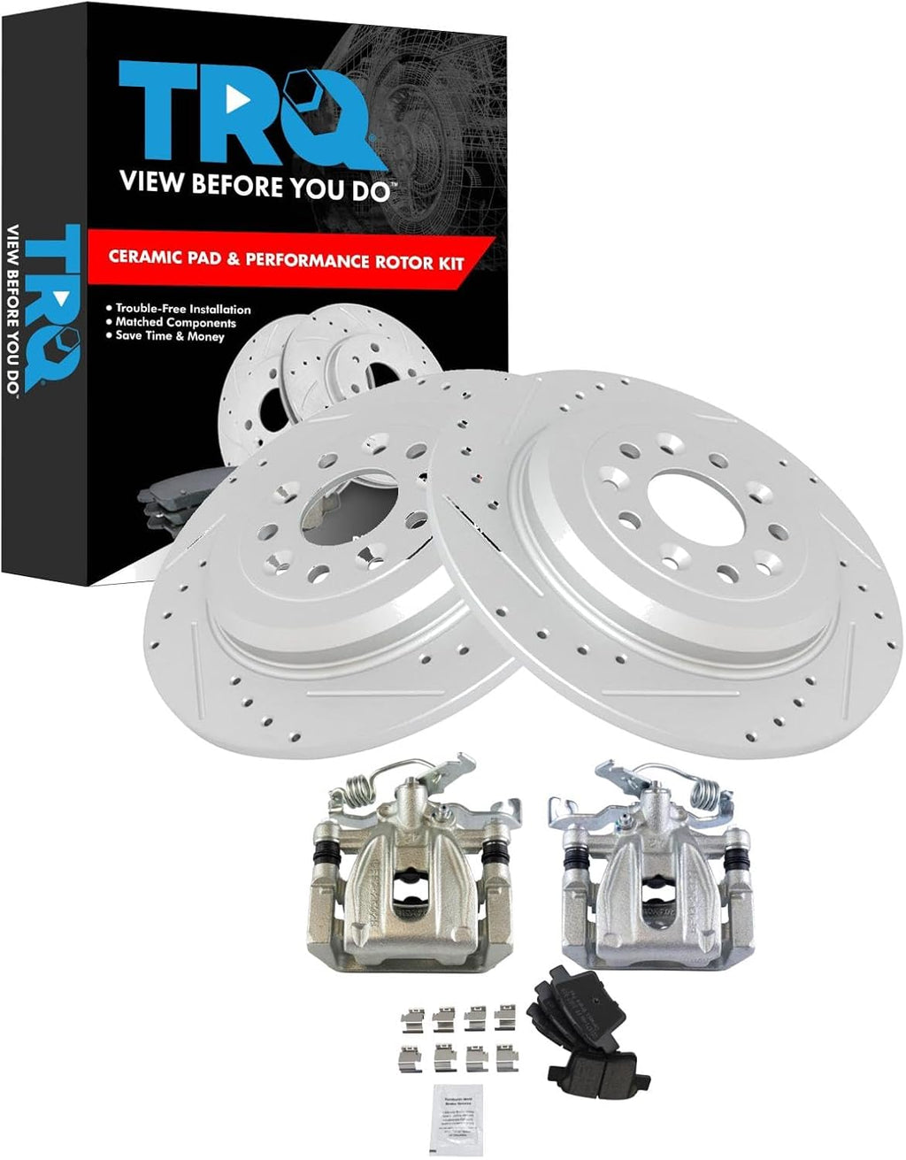 TRQ Performance Rear Brake Pad and Rotor Set Ceramic Coated Drilled Slotted Solid Rotors Calipers Compatible with 05-07 Ford Five Hundred Freestyle Mercury Montego 08-09 Taurus X 08-09 Sable