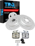 TRQ Performance Rear Brake Pad and Rotor Set Ceramic Coated Drilled Slotted Solid Rotors Calipers Compatible with 05-07 Ford Five Hundred Freestyle Mercury Montego 08-09 Taurus X 08-09 Sable