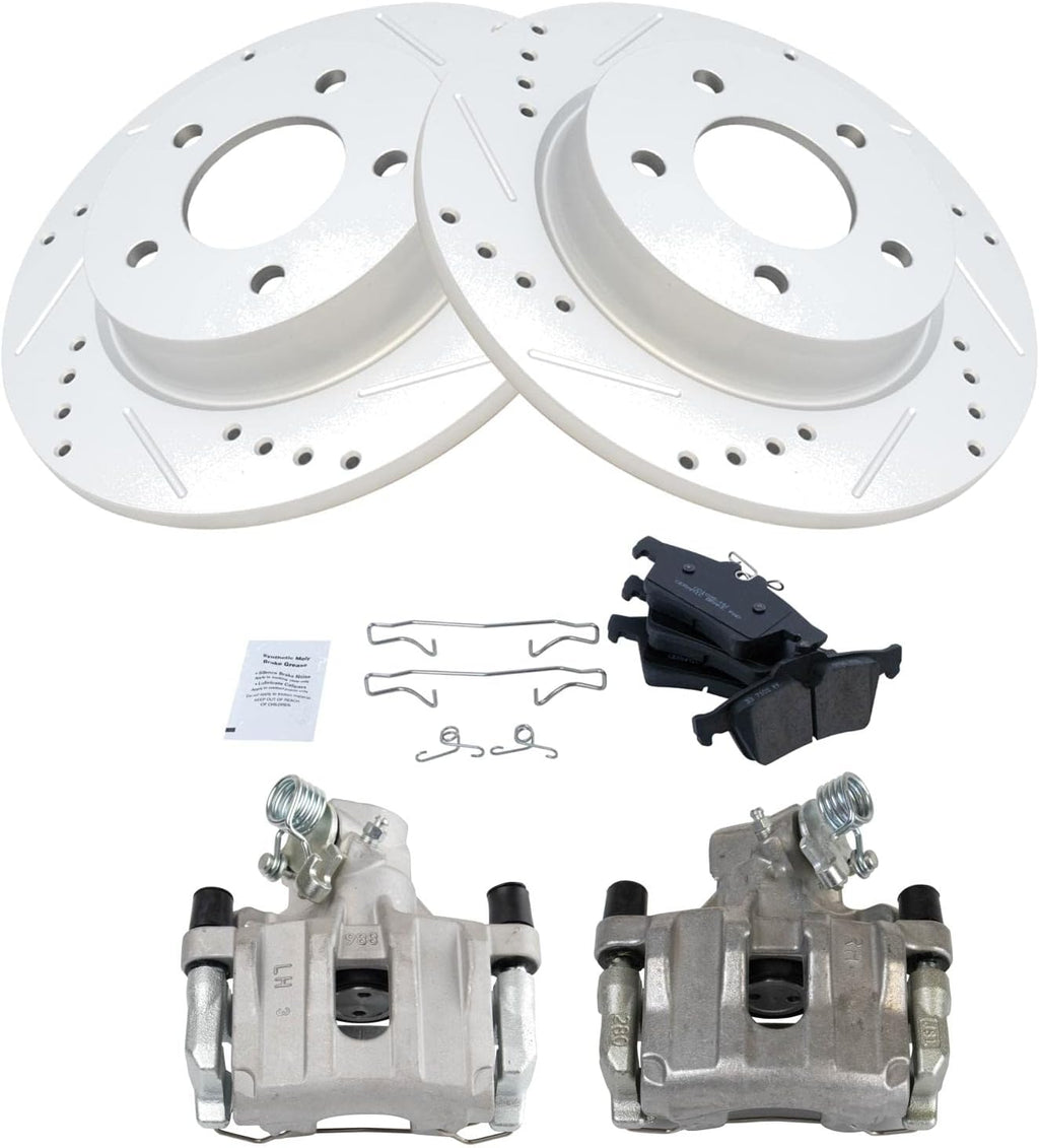 TRQ Performance Rear Brake Pad and Rotor Set Ceramic Solid Rotors Calipers Compatible with 2006-2008 Mazda 3