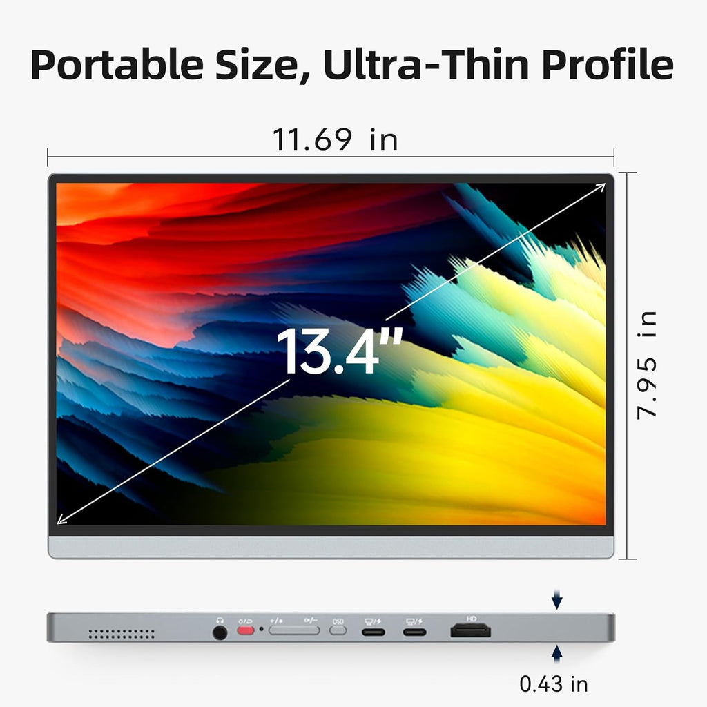 Intehill 4K Portable Monitor for Laptop, 13.4' IGZO Display with Full-Laminated Tempered Glass 500 Nits, 100% sRGB Portable Laptop Screen with Kickstand & Speakers, USB-C & HDMI Travel Monitor, U13ZC