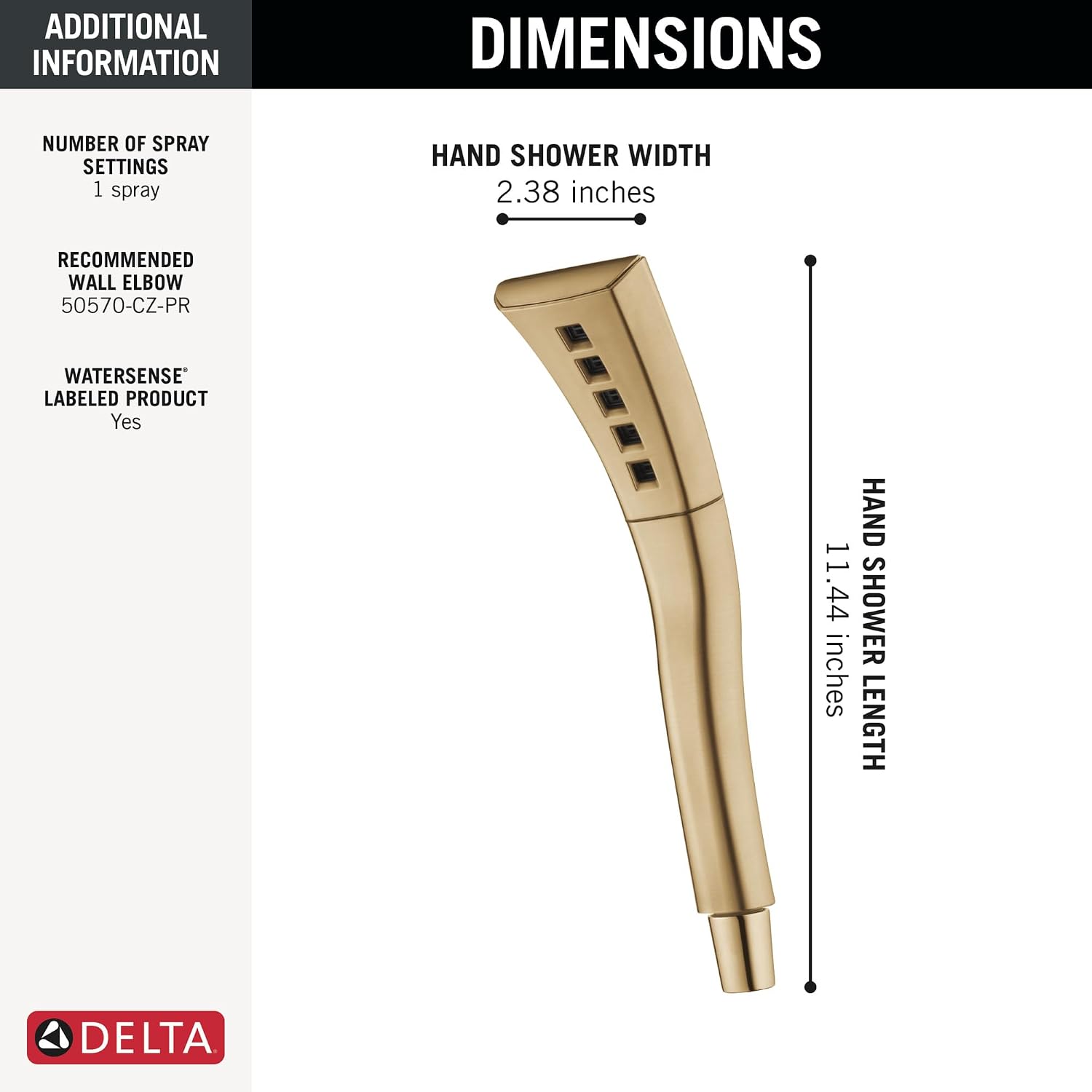 Delta Faucet Single-Setting H2Okinetic Hand Held Shower, Gold Handheld Shower Head, Shower Wand, Hand Shower, Handheld Shower, Detachable Shower Head, Lumicoat Champagne Bronze 59421-CZ-PR-PK