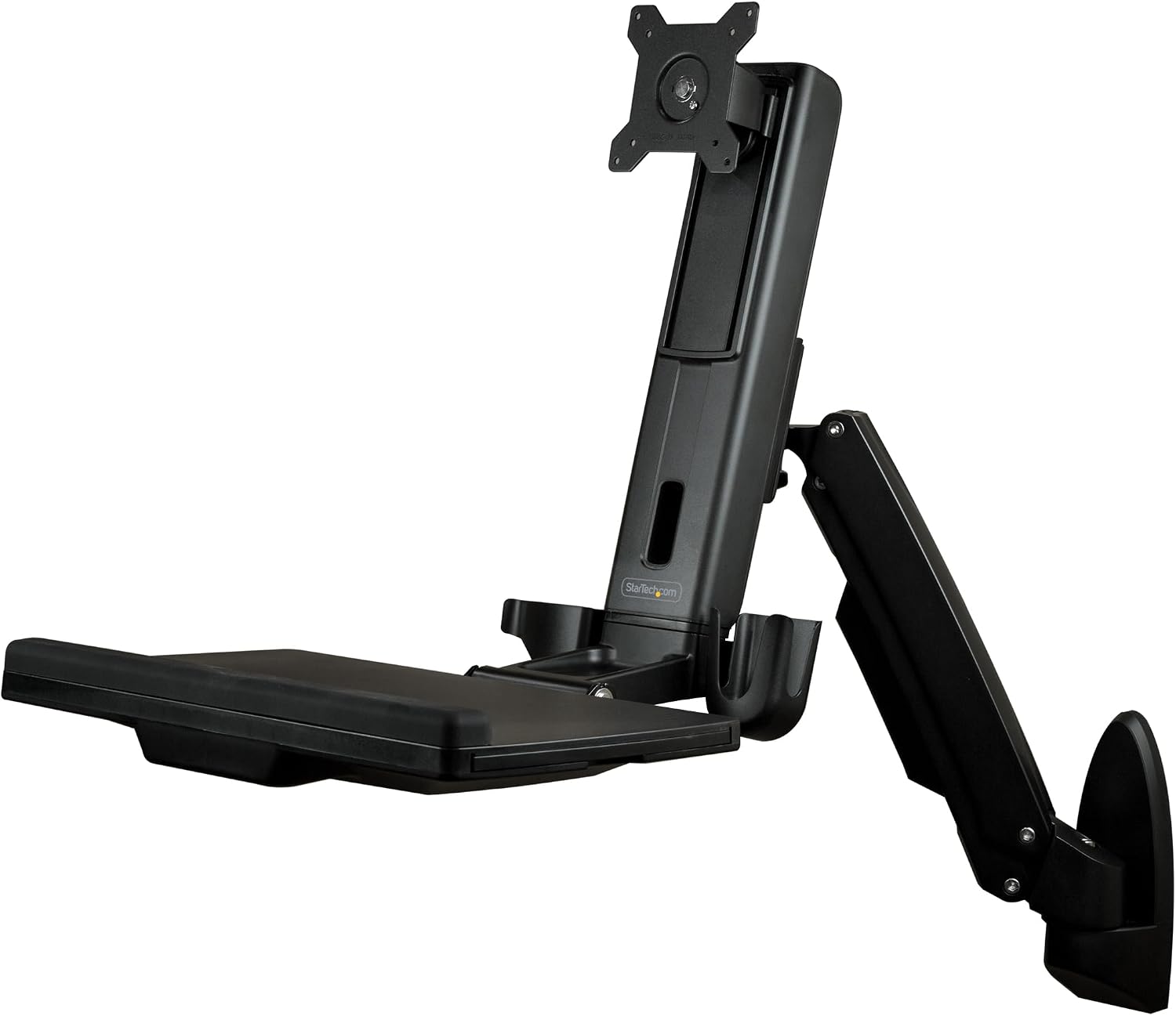 StarTech.com Wall Mount Workstation - Articulating Full Motion Standing Desk with Ergonomic Height Adjustable Monitor & Keyboard Tray Arm - Mouse & Scanner Holders - Single VESA Display, TAA