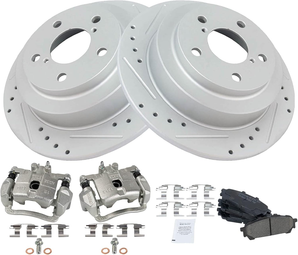 TRQ Performance Rear Brake Pad and Rotor Set Ceramic G Coated Slotted Drilled Rotors Calipers Compatible with 2005-2006 Saab 9-2X 2004-2008 Subaru Forester 2004-2007 Impreza