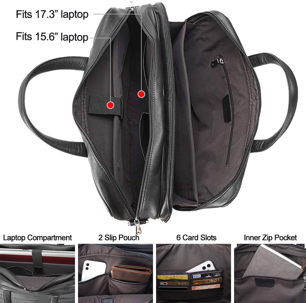 TIDING Leather Business Travel Briefcase for Men, Large 15.6' 17.3' Laptop Crossbody Shoulder Messenger Bag Office Handbag