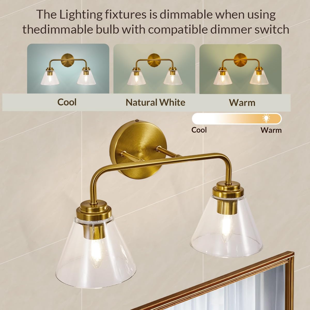 ANDY STAR Vanity Lights for Bathroom 2 Light - Brushed Gold Bathroom Light Fixtures with Clear Cone-Shaped Glass, Brass Modern Geometric Design Wall Lights for Hallway, Bedroom, E26 Base (No Bulbs)