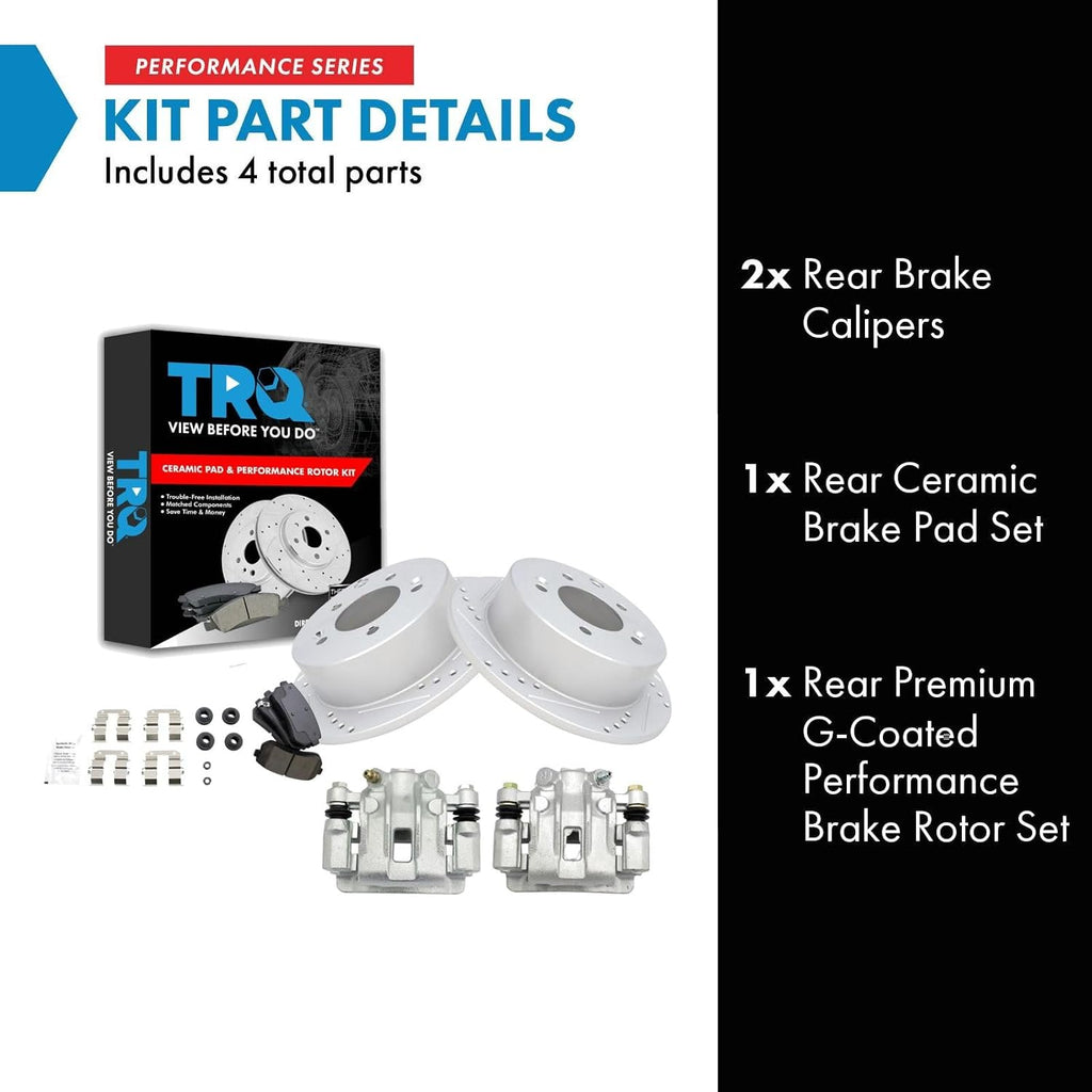 TRQ Performance Rear Brake Pad and Rotor Set Ceramic Solid G Coated Rotors Calipers Compatible with 2010-2013 Kia Forte Forte Koup