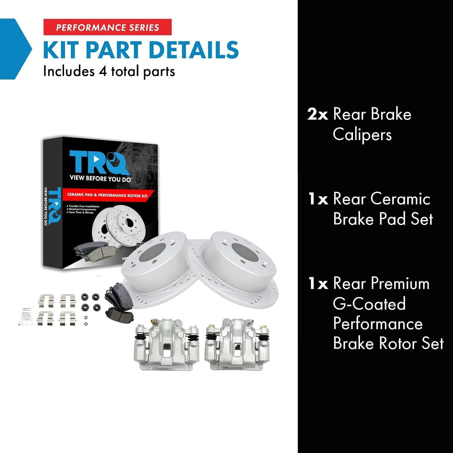 TRQ Performance Rear Brake Pad and Rotor Set Ceramic Solid G Coated Rotors Calipers Compatible with 2010-2013 Kia Forte Forte Koup