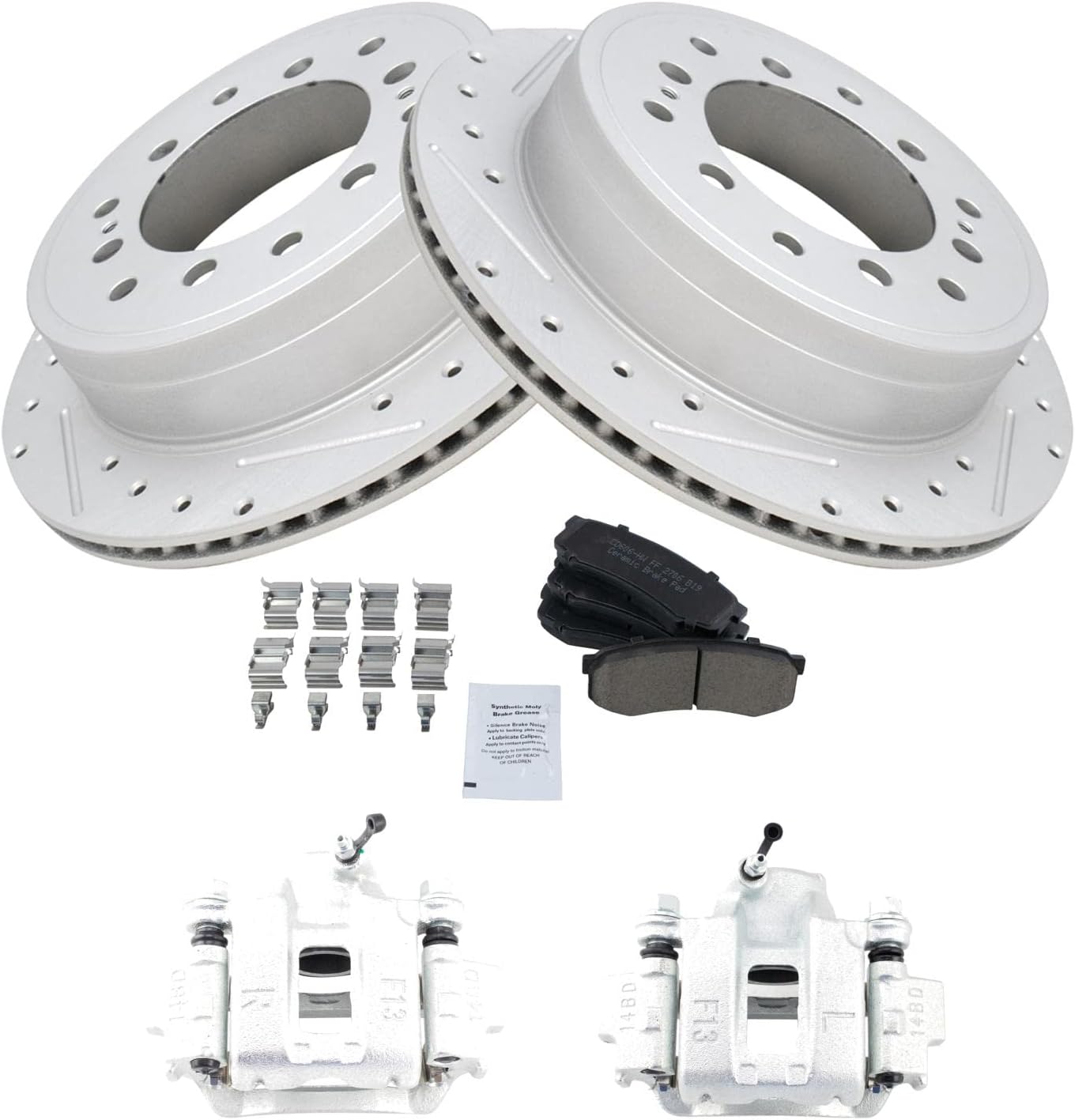 TRQ Performance Rear Brake Pad and Rotor Set Ceramic Vented Coated Slotted Drilled Rotors Calipers Compatible with 2010-2014 Toyota FJ Cruiser