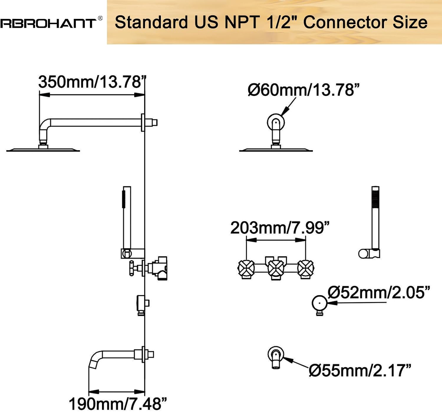 RBROHANT Brushed Gold Shower System with Tub Spout, Brass Bathtub Shower Faucet Set with 3 Way Rough-in Valve,10 Inch Round Shower Head Set with Tub Spout and Handheld, JK0299
