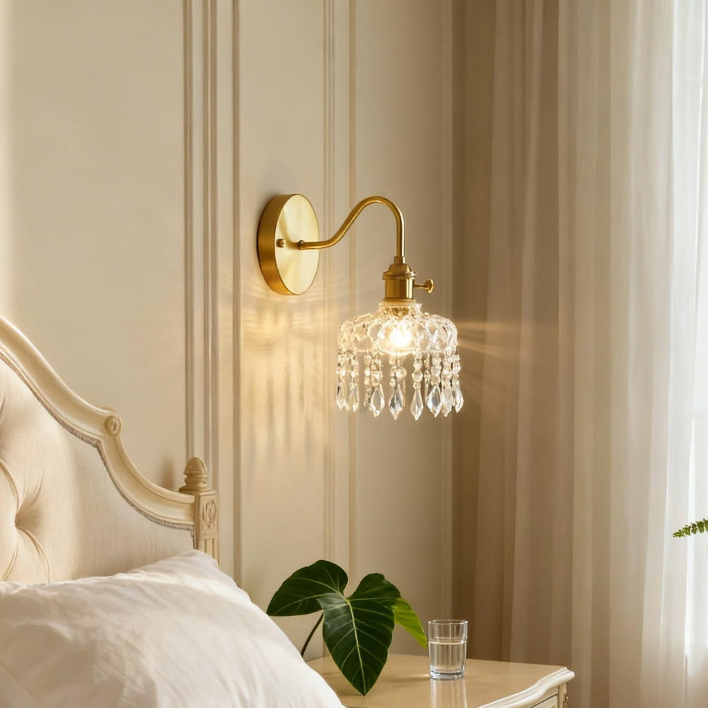 Crystal Wall Sconce Set, Gold Brass Fixture with Glass Shade and Hanging Crystals, Modern Elegant Wall Light, 2 Pack