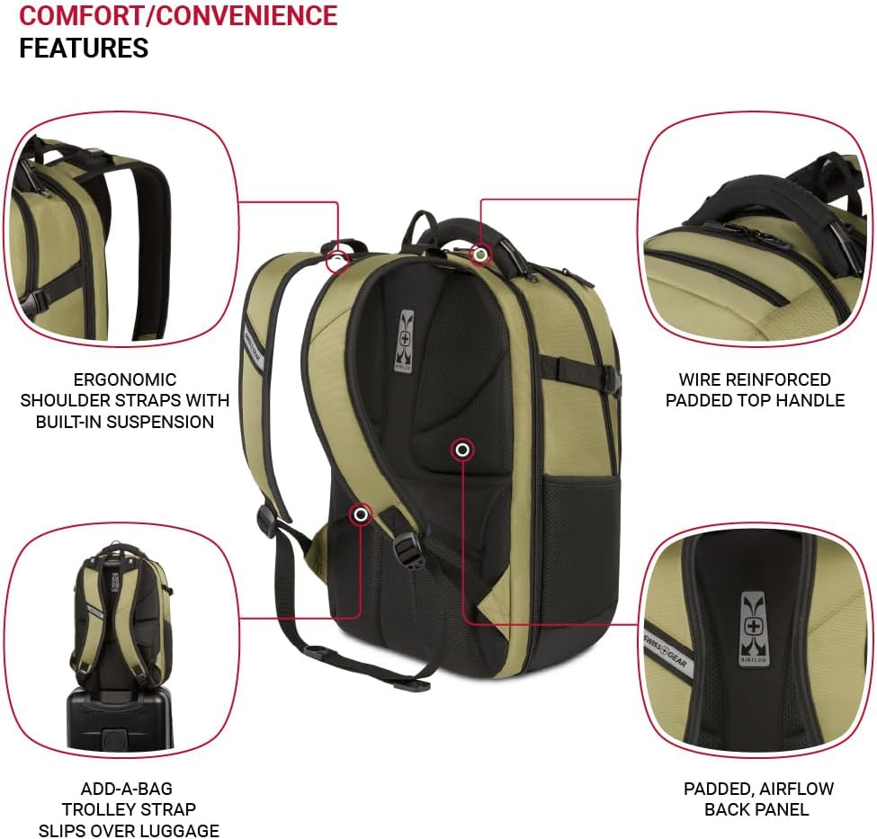 SwissGear Travel Tech Pro Laptop Backpack – Fits Laptops up to 16' – ScanSmart TSA-Friendly Backpack with Multiple Organizer Pockets – Olive