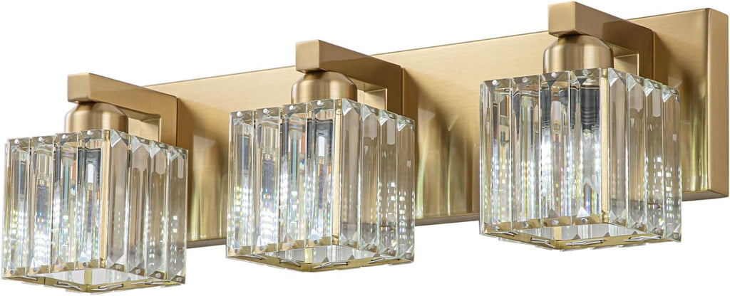 Gold Crystal Bathroom Vanity Lights Modern 3-Lights Bathroom Lighting Fixtures Over Mirror, Gold Crystal Wall Light with Square Shade