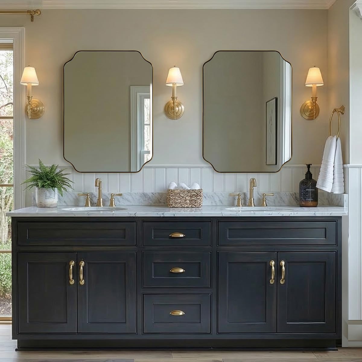 MIRRORART Gold Bathroom Mirrors 24x32 Inch, Brushed Brass Scalloped Mirrors for Bathroom, Notched Corner Rectangle Mirror in 1'' Stainless Steel Metal Frame Hang Vertical/Horizontal Home Remodel