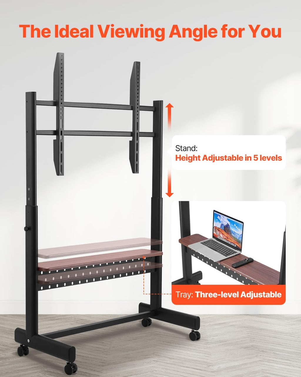 VEVOR Rolling TV Stand, Mobile TV Cart for 55-100 Inch Screens, Height Adjustable Portable Monitor Stand with Tray, Holds up to 205 lbs for Living Room, Bedroom, Office, Outdoor Max VESA 800 x 600 mm