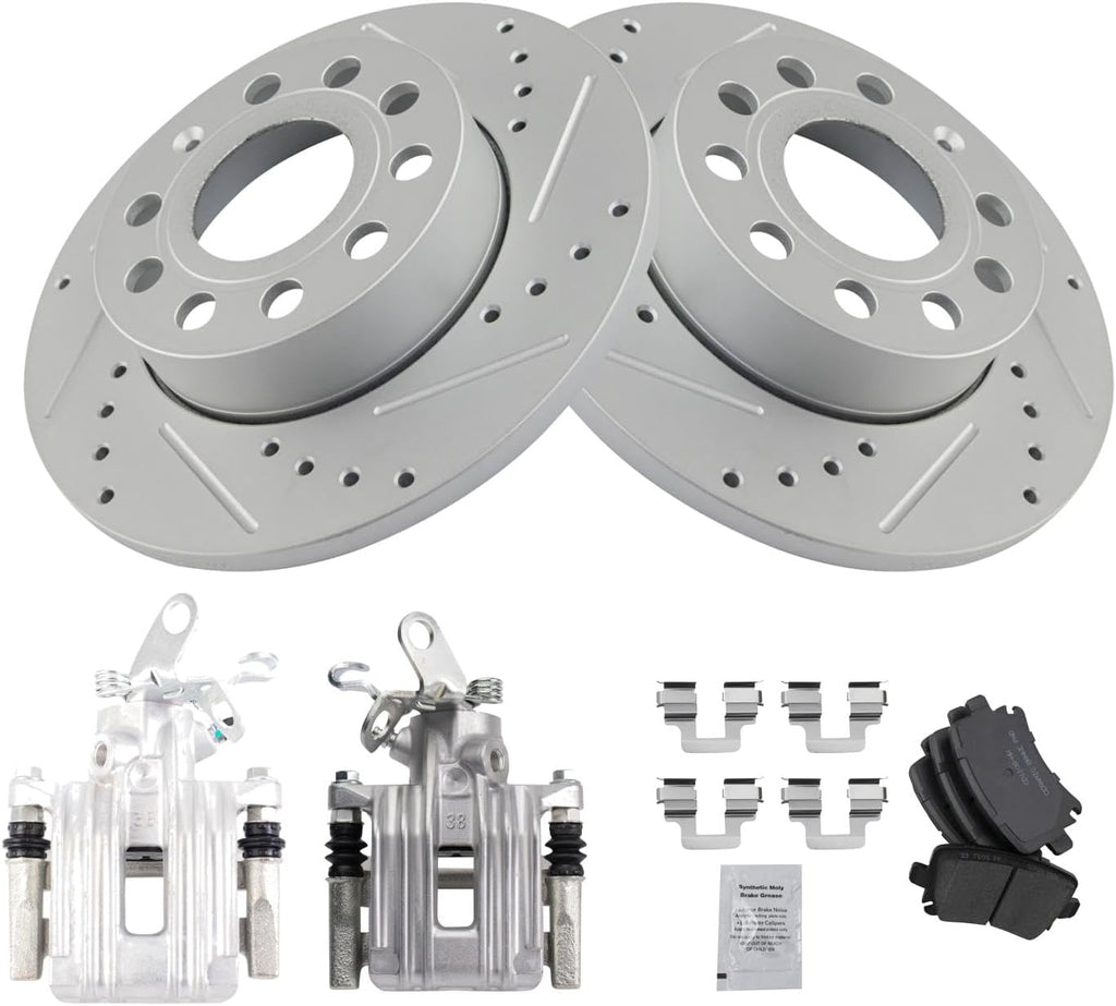 TRQ Performance Rear Brake Pad and Rotor Set Ceramic Coated Drilled Slotted Rotors Calipers Compatible with 2010 Audi A3 A3 Quattro Volkswagen Golf