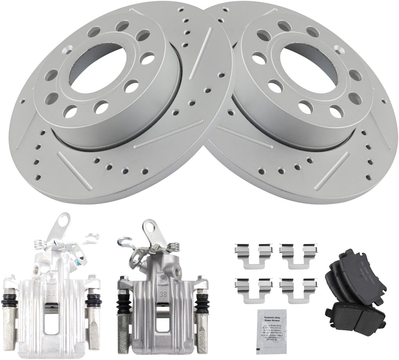 TRQ Performance Rear Brake Pad and Rotor Set Ceramic Coated Drilled Slotted Rotors Calipers Compatible with 2010 Audi A3 A3 Quattro Volkswagen Golf