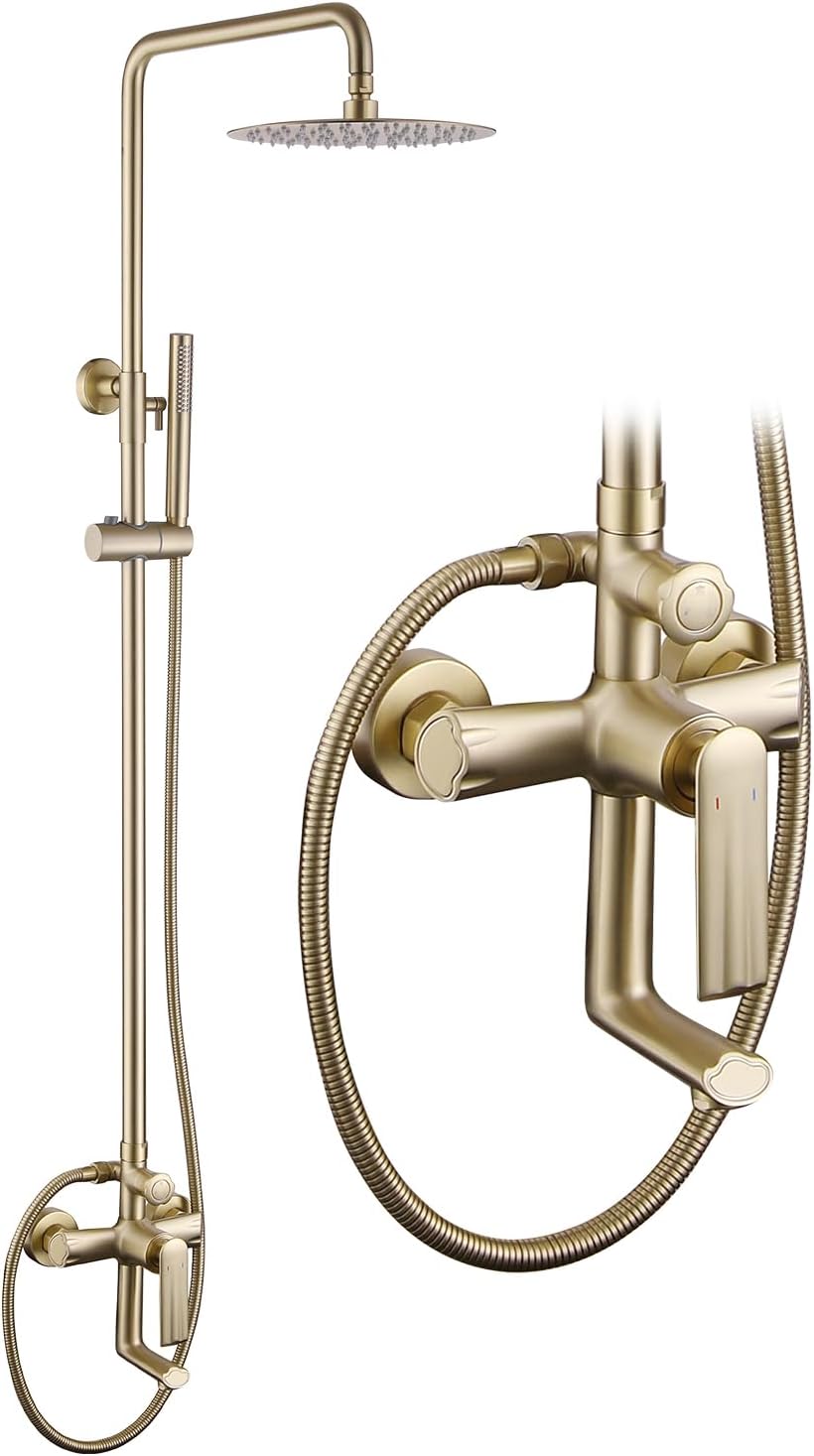 Brushed Gold Exposed Shower Syem with Handheld, 3 Functions Bathtub Shower Faucet Sets with Brass Valve, Shower Fixture with 10-Inch Rainfall Shower Head, Height Adjustable Shower Set