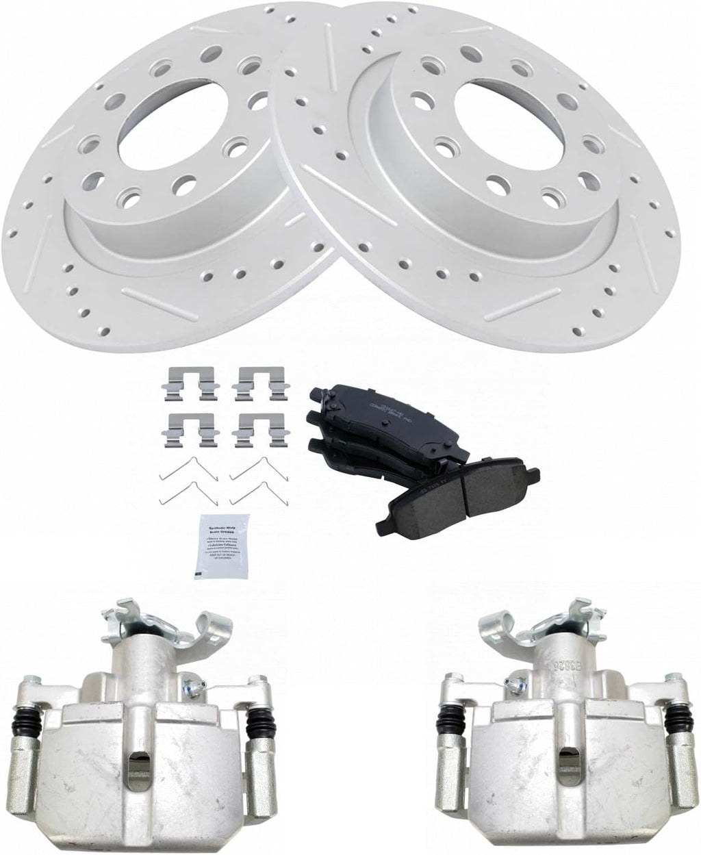 TRQ Performance Rear Brake Pad and Rotor Set Ceramic Drilled Slotted Coated Rotors Calipers Compatible with 2013-2016 Dodge Dart