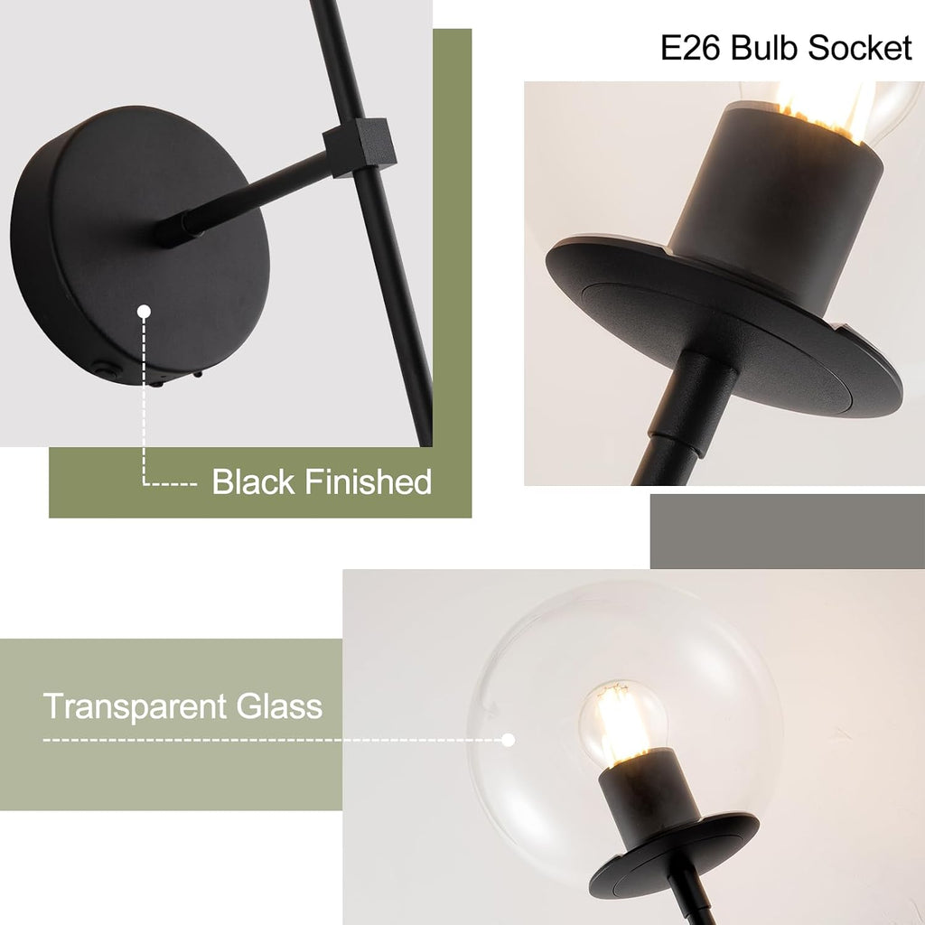 Black Battery Operated wall Sconce Set of 2 Glass Globe 3000~6000K Rechargeable Wall Light Fixture Wireless Wall Lights with Clear Glass Shade for Living Room, Hallway, Bedroom(2 Pack)