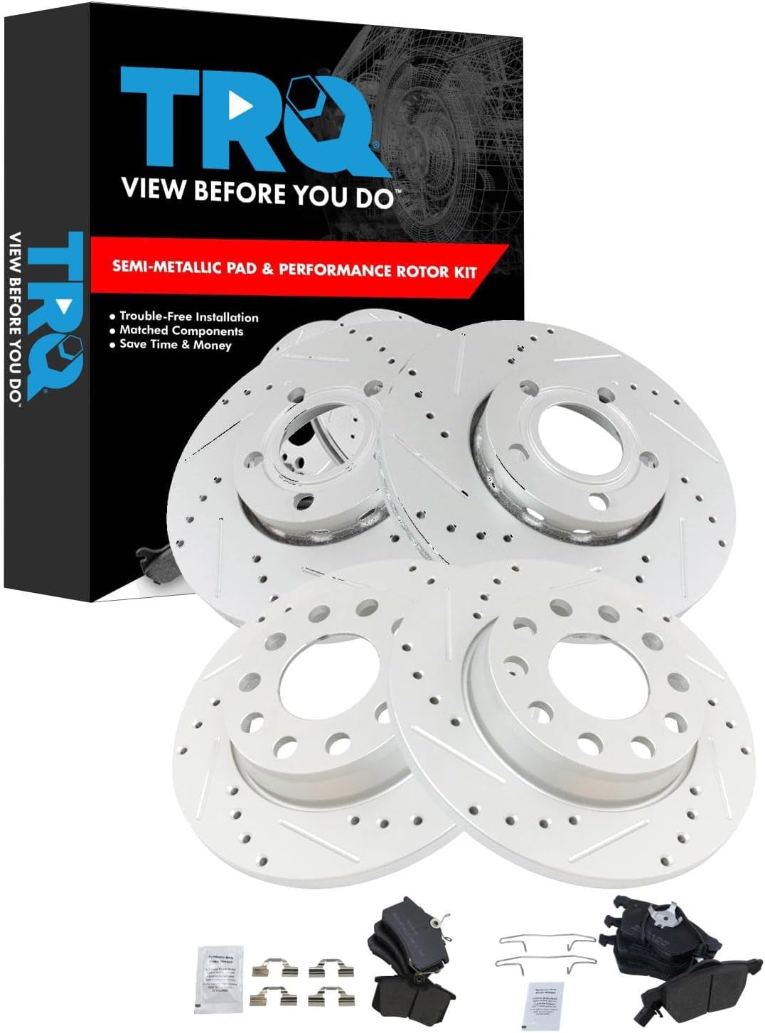 TRQ Performance Front and Rear Brake Pad and Rotor Set Semi Metallic Coated Drilled Slotted Vented Solid Compatible with 2002-2004 Audi A4 A4 Quattro