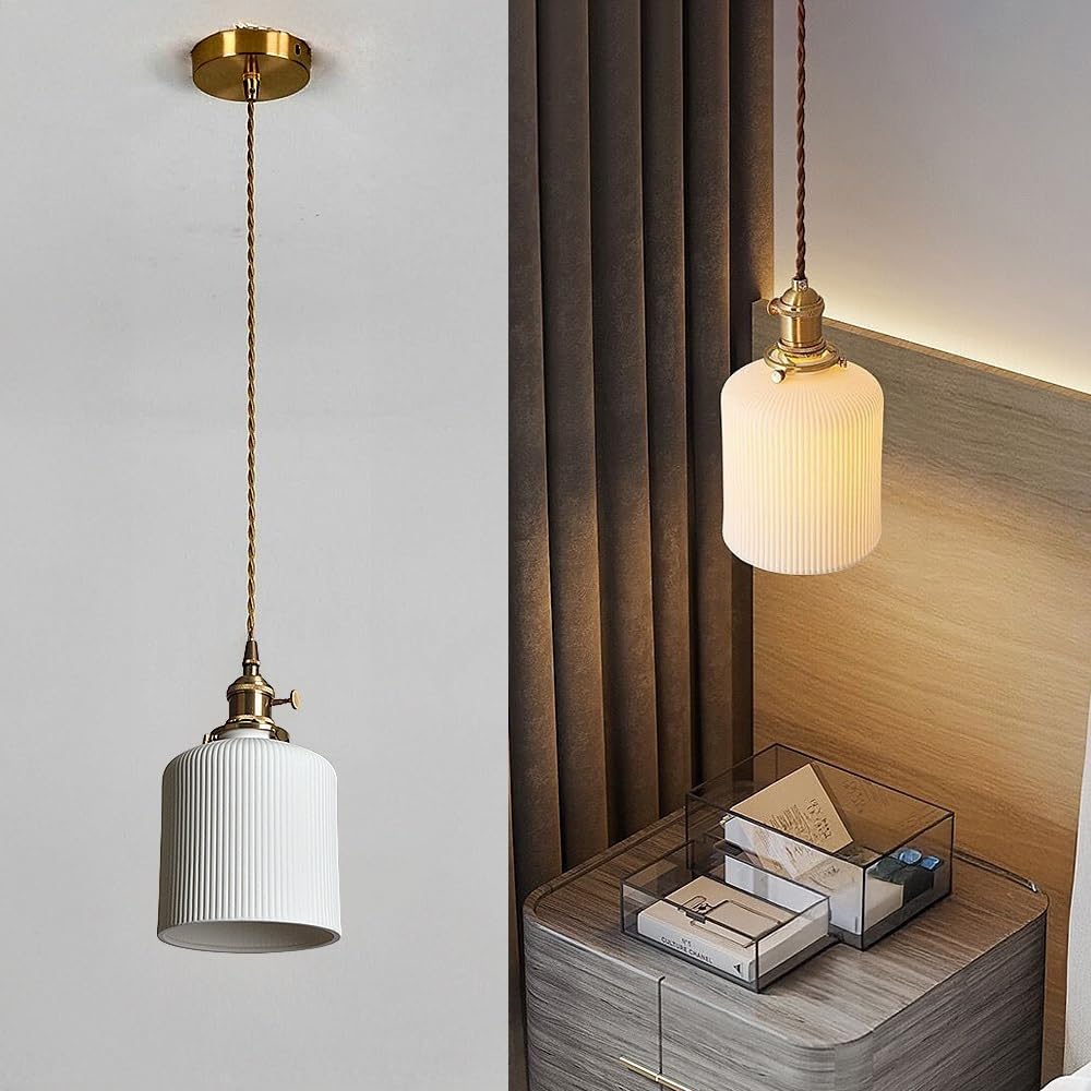 Modern White Opal Glass Pendant Light, Nordic Vintage Adjustable Hanging Lamp with Brushed Brass Finish, Ceiling Fixture for Kitchen Island Bathroom Bedroom Dining Room(5.5')