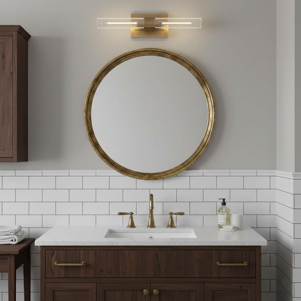 Brass Wall Sconces, 22.8' Bathroom Wall Sconce, Antique Brass Wall Sconces Set of 2, 2-Light Dimmable Wall Sconce, Sconces Wall Lighting With Glass, Bathroom Vanity Light, Tube Sconce for Living Room