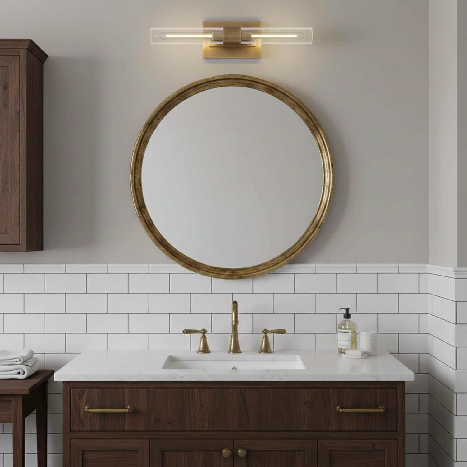 Brass Wall Sconces, 22.8' Bathroom Wall Sconce, Antique Brass Wall Sconces Set of 2, 2-Light Dimmable Wall Sconce, Sconces Wall Lighting With Glass, Bathroom Vanity Light, Tube Sconce for Living Room